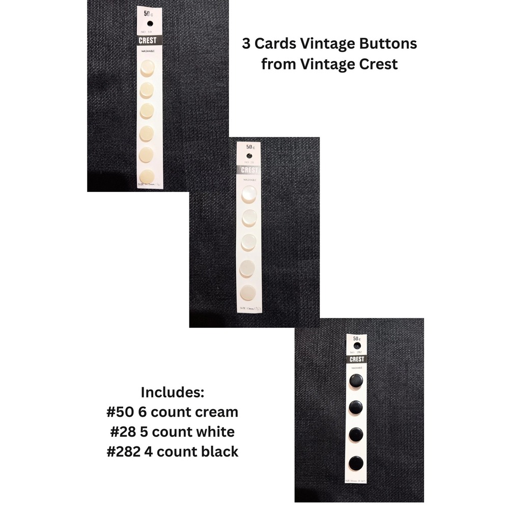 Vintage Crest Sewing Buttons 3 Cards Cream White Black Washable No 50 28 282